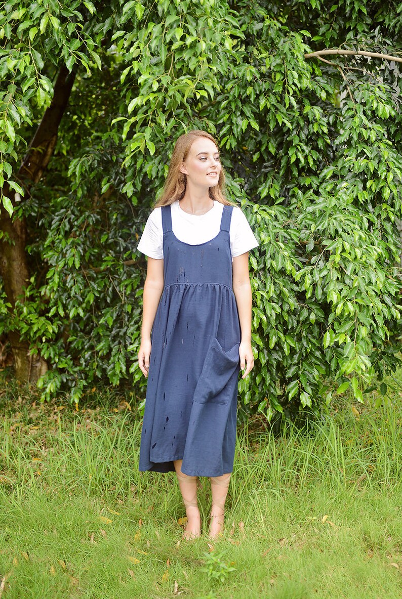 Linen Midi Apron Dress Women Summer Dress Organic Cotton Etsy