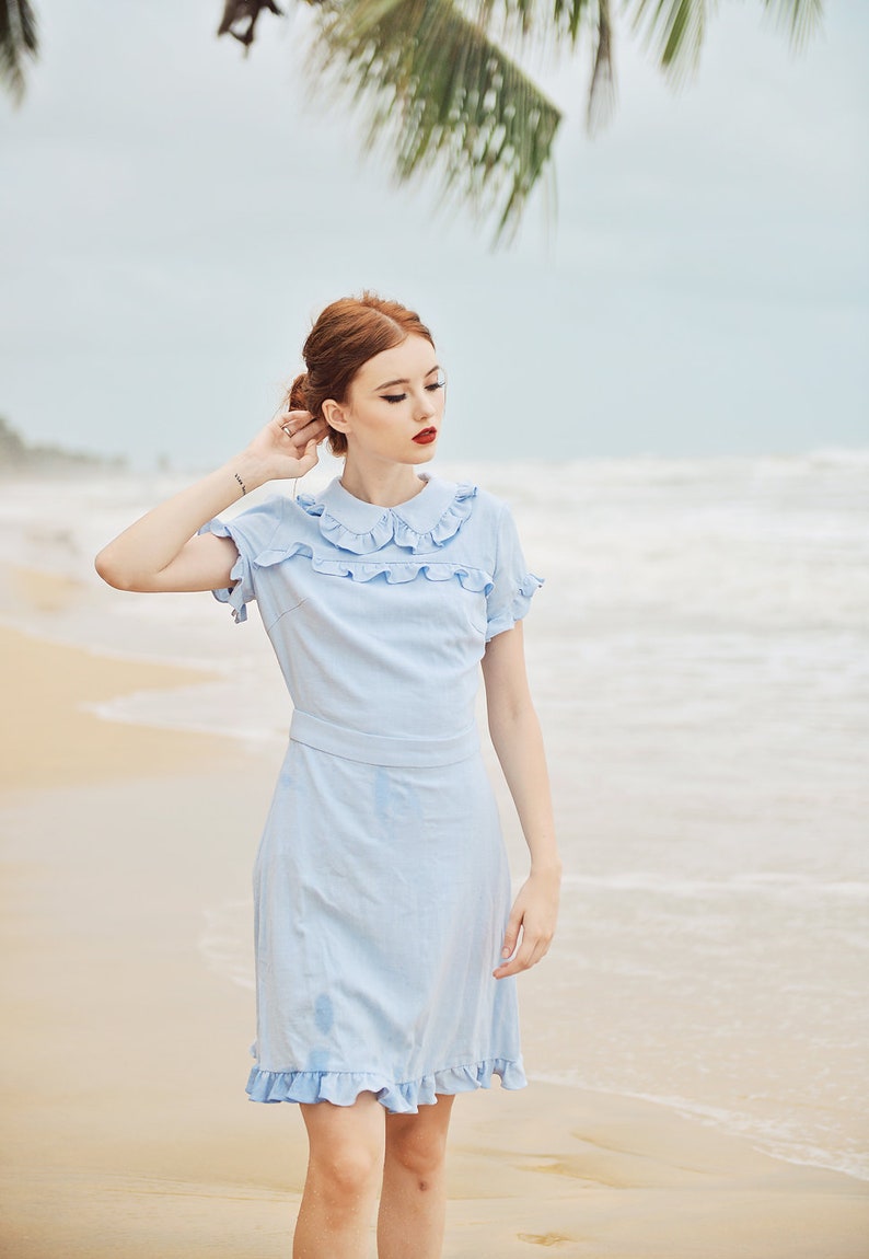 Summer Dress Cotton Women Linen Dress Short Sleeves Dress Frills Cotton Dress image 3