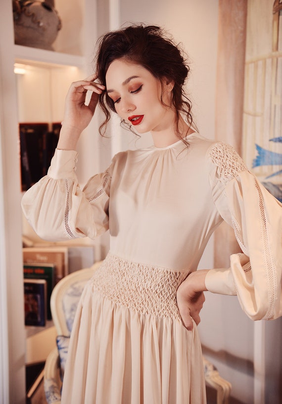 Silk Dressing Gown - Silk Dress Women - Hand Pleated Dress - Smock Dress