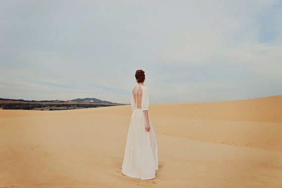 chinese dress ladies Natural light Linen Dress With Back Tie