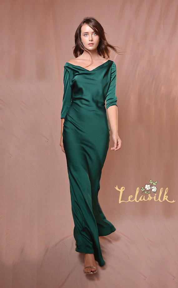 Bridesmaids Silk Dress Cowl Neck Long Sleeves Dress Emerald Silk Dress 