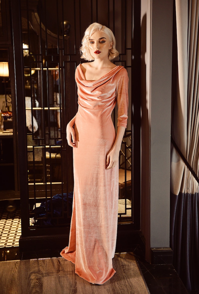 Indian Summers Inspired Clothing     Velvet Dress Maxi - Long Sleeve - Velvet Long Gown - Cowl Neck Velvet Dress for Women $185.00 AT vintagedancer.com