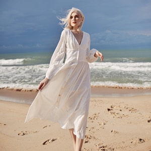 Linen Dress White Midi Linen Dress Organic Cotton Dress image 3