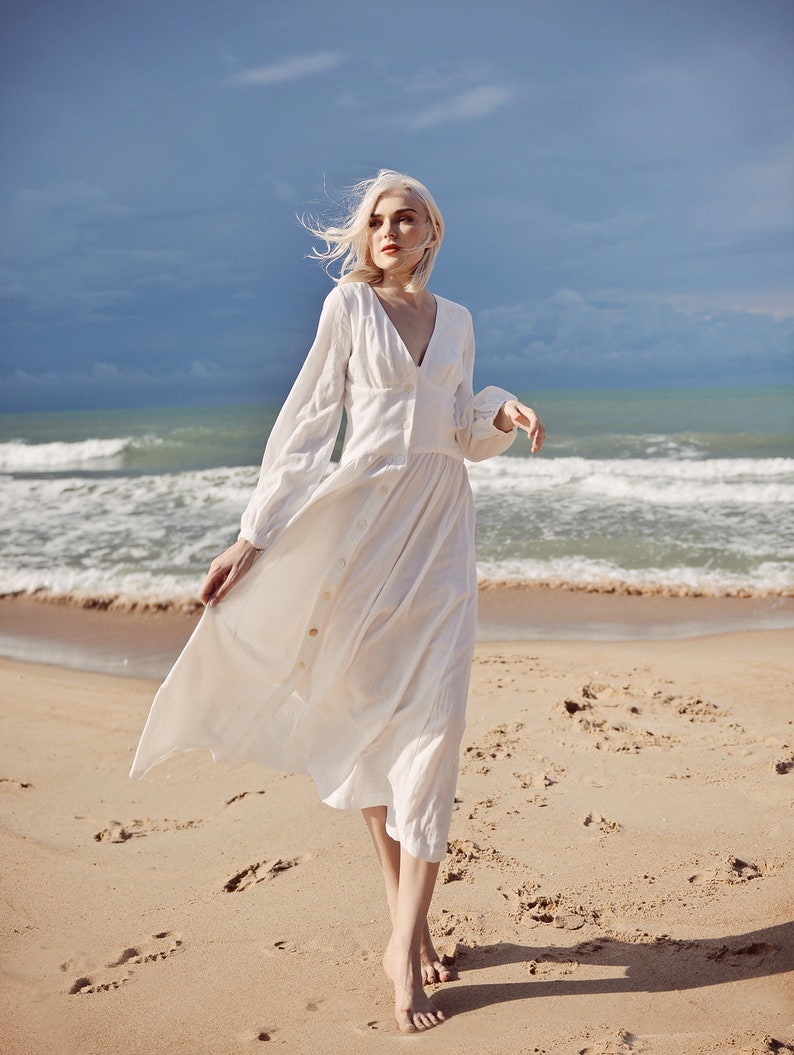 Linen Dress White Midi Linen Dress Organic Cotton Dress image 3