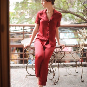 Silk Pajamas Set Women Women Burgundy Pajamas Silk Sleep Sets Lelasilk image 8