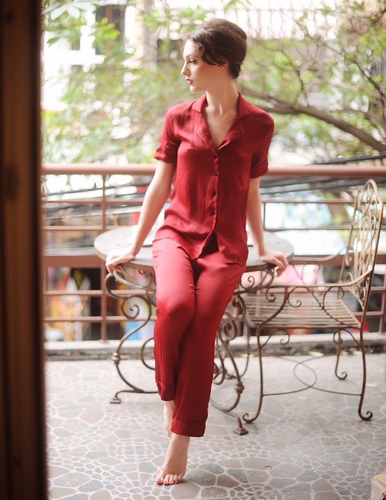 Silk Pajamas Set Women Women Burgundy Pajamas Silk Sleep Sets Lelasilk image 8