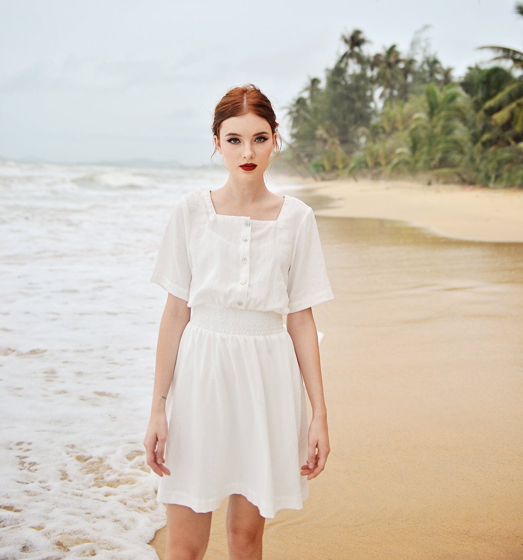 womens white summer dress White summer dress women chic elegant square neck evening birthday par –  formalgowns main image 1