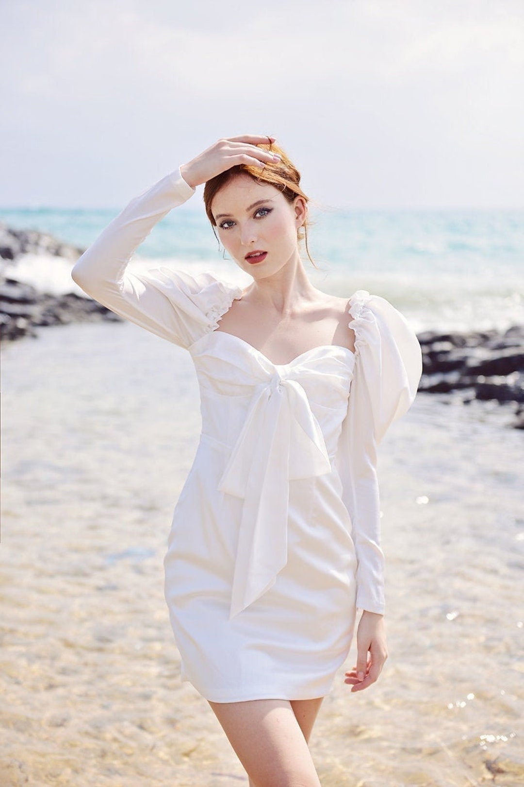 white silk bow dress Livvy Bow Back Mini Dress