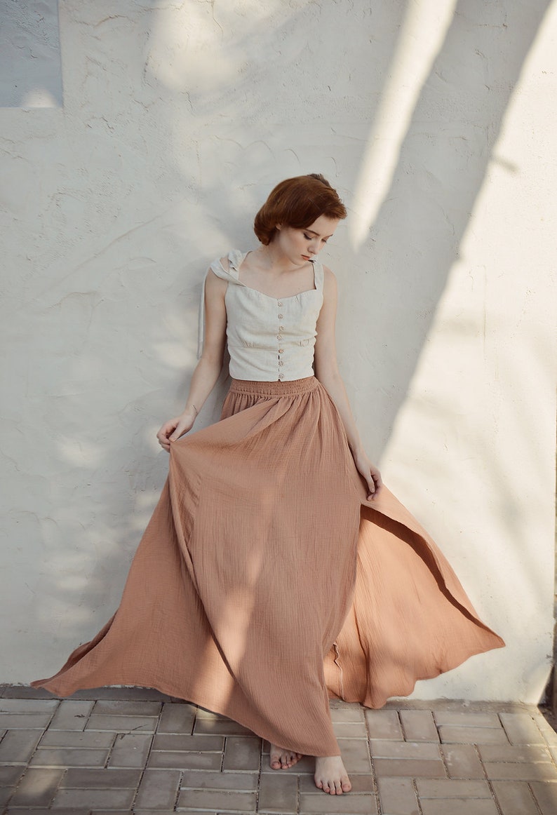 Linen Skirt Skirt Women Maxi Skirt with Adjustable Waist Cotton Skirt Women Side Slit Skirt image 1