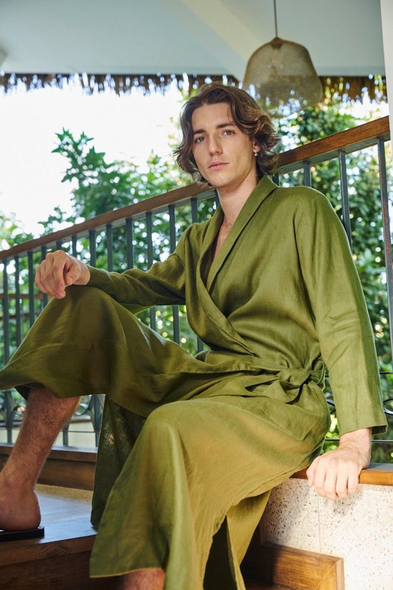 Linen Robe for Men Handmade Jacket for man Plus size Housecoat Gift for him image 1