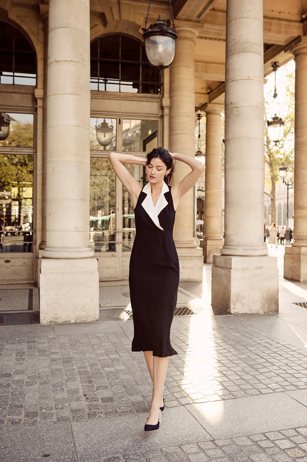 Black Linen Dress White Collar - Evening Dress Midi - Sleeveless Dress Wedding Guest - Chic Dress Women - Parisian Fashion