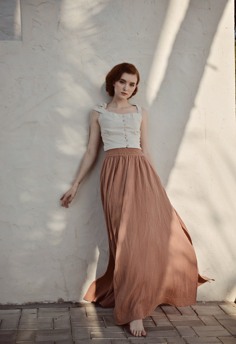 Linen Skirt Skirt Women Maxi Skirt with Adjustable Waist Cotton Skirt Women Side Slit Skirt image 8