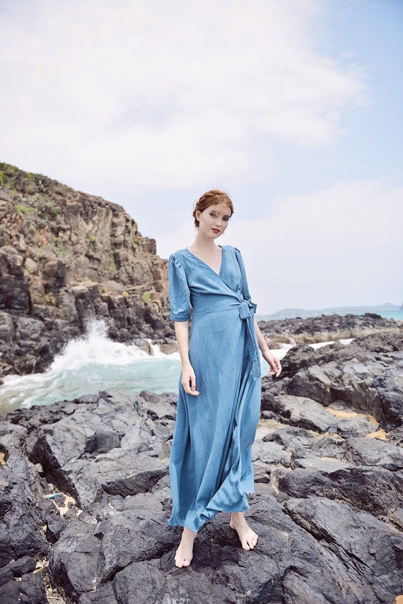 Wrap Dress Linen - Wrap Dress Women - Wrap Dress Ankle Length - Linen Dress - Blue Summer Dress