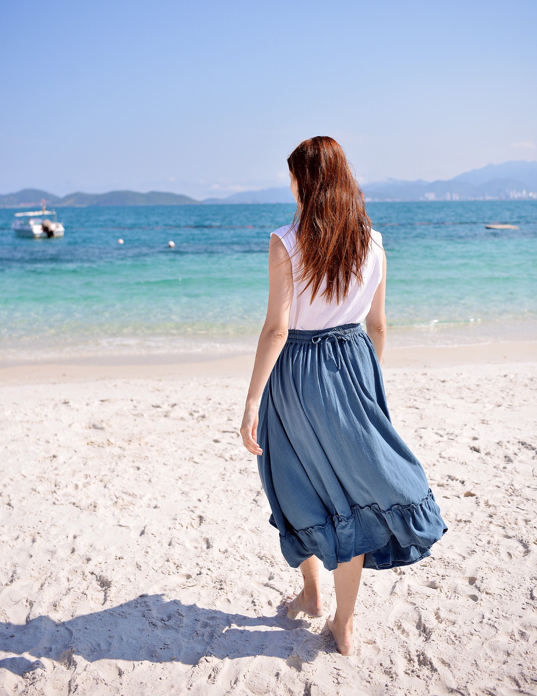 VIP【関税送料無料】希少 BLUMARINE PINK MIDI SKIRT Linen Midi Skirt Womens - Ruffles Hem Skirt - Blue Skirt