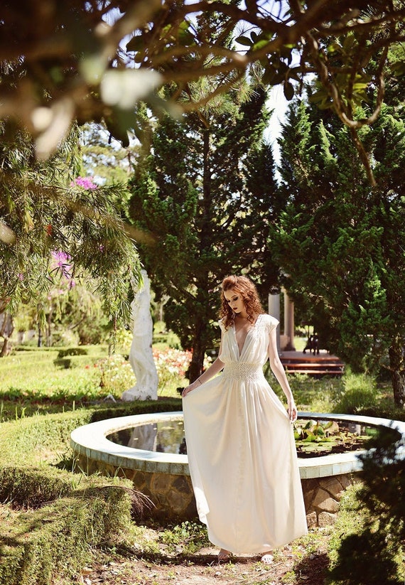 Silk Dress White - Nightgown Silk Women - Mulberry Silk Gown - Smocking Dressing Gown - Smock Dress - Hand Pleat Dress