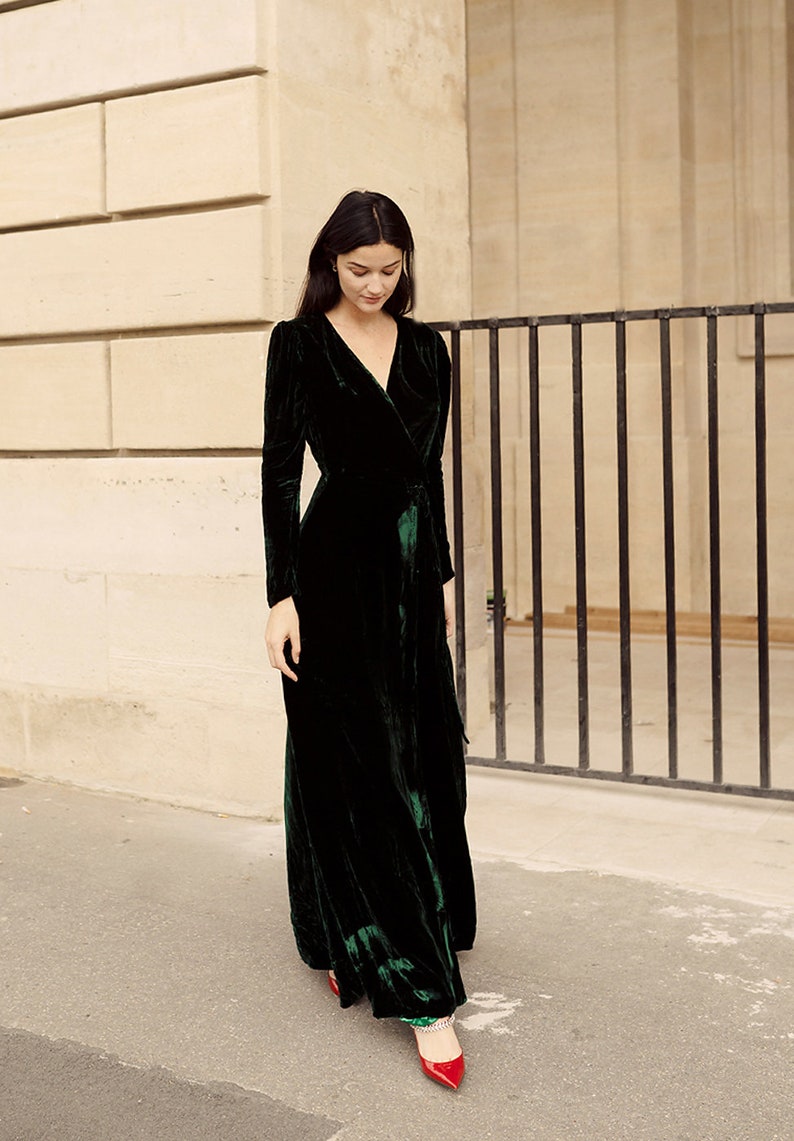 Wedding Guest Dress Formal Dresses Velvet Women Evening Ball Gown Velvet Dress Long Sleeve Bridesmaid Dress Wrap image 7