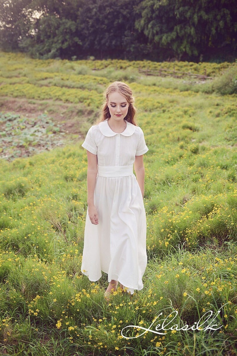 Summer Midi Linen Dress Linen Dress with Collar Midi Cotton Dress Women White Midi Dress Organic Cotton Clothing image 1