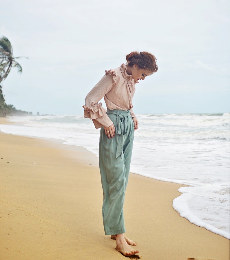 Linen Pants Relaxed Fit Women Linen Pants Cotton Pants Elastic Waist image 6