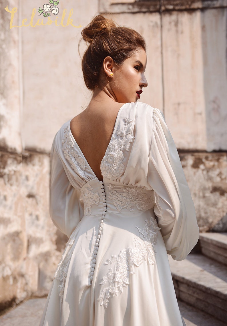 Victorian Wedding Dresses, Patterns, Shoes, Accessories Silk Wedding Dress - Embellished Lace Wedding Dress - Ivory Wedding Dress $680.00 AT vintagedancer.com