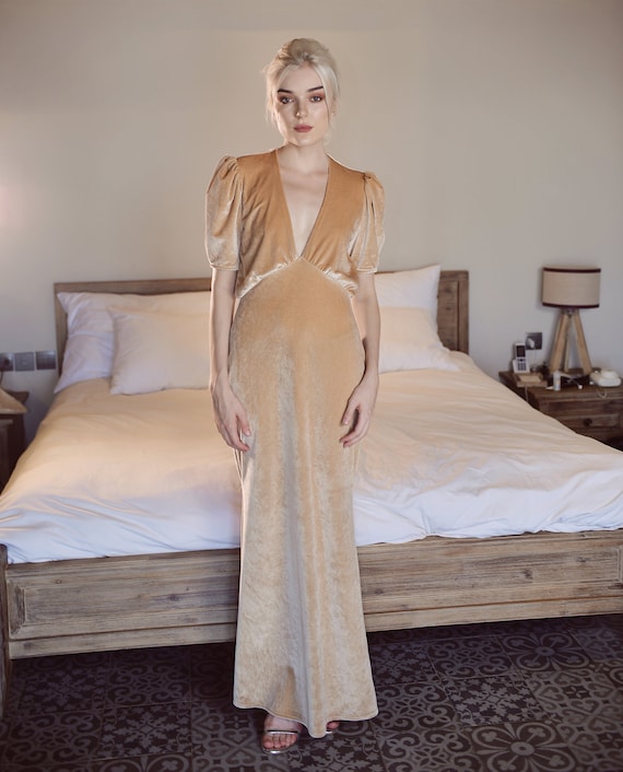 light brown velvet dress Brown Velvet A Line V-Neck Long Sleeves Formal Dress with Ruffles
