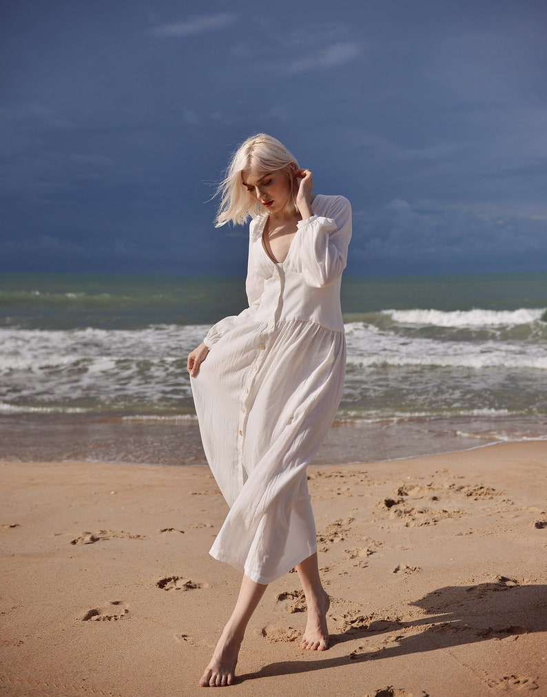 Linen Dress White Midi Linen Dress Organic Cotton Dress image 9