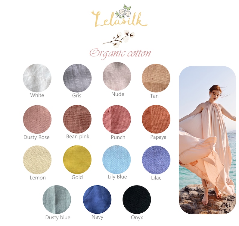 May include: A chart of 12 fabric swatches in various colors, including white, gray, nude, tan, dusty rose, bean pink, punch, papaya, lemon, gold, lily blue, lilac, dusty blue, navy, and onyx. The text "Lelasilk Organic cotton" is at the top of the chart.