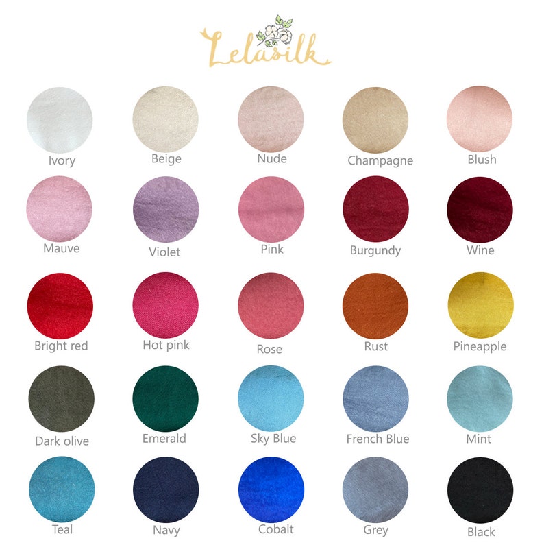 K&ouml;nnte beinhalten: Farbkarte mit 25 Stoffmustern in verschiedenen Farben, darunter Elfenbein, Beige, Nude, Champagner, Blush, Mauve, Violett, Rosa, Burgunder, Wein, Rot, Pink, Rose, Rost, Ananas, Dunkelgr&uuml;n, Smaragd, Himmelblau, Franz&ouml;sisch Blau, Minze, Teal, Marineblau, Kobalt, Grau und Schwarz.