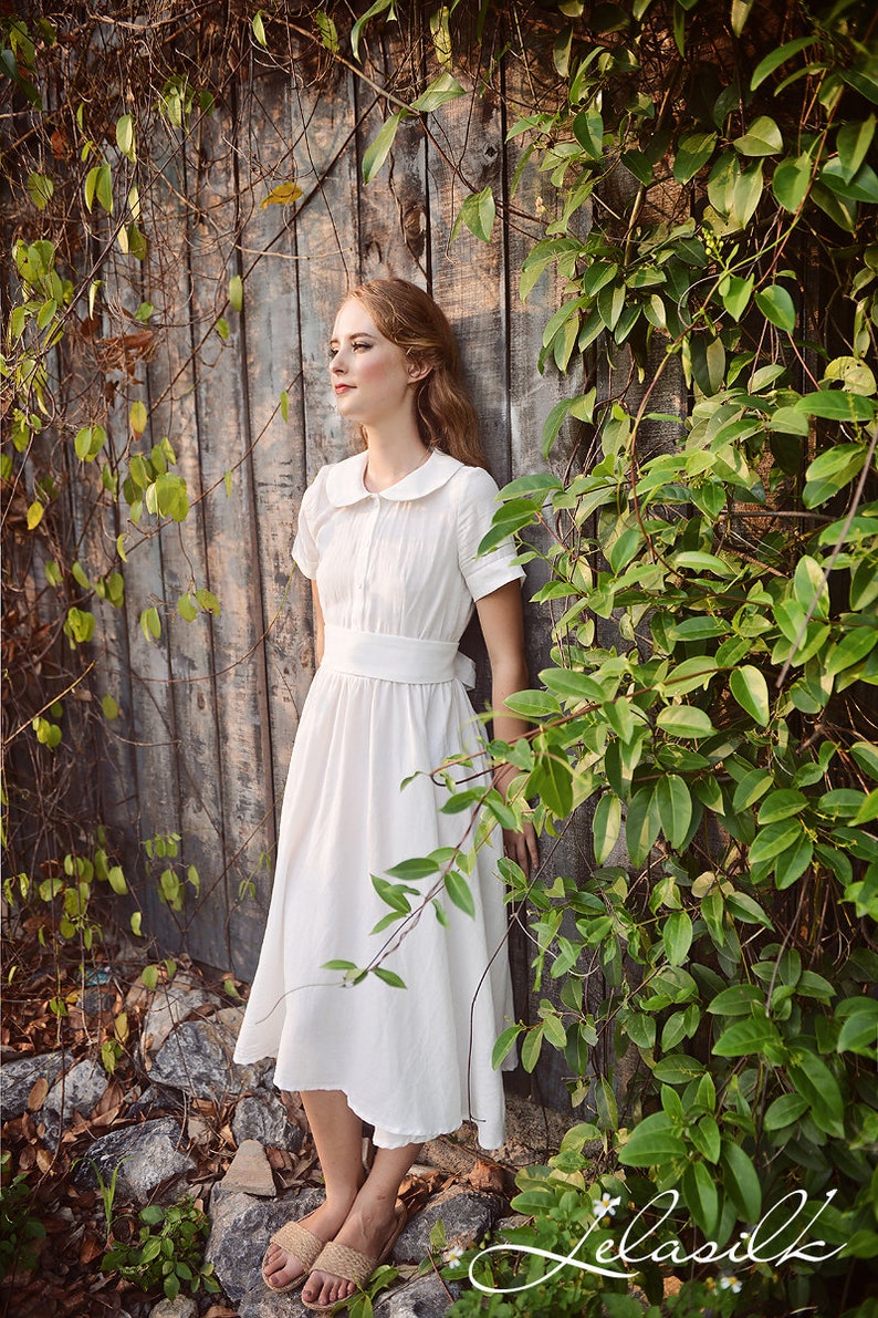 Summer Midi Linen Dress Linen Dress with Collar Midi Cotton Dress Women White Midi Dress Organic Cotton Clothing image 3