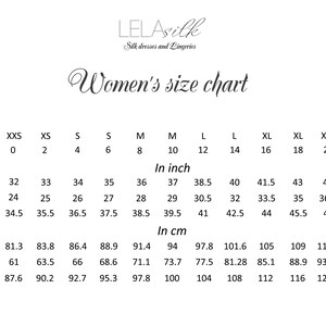 May include: A size chart for women's clothing, showing measurements in inches and centimeters for chest, waist, and hips. The chart includes sizes from XXS to XXL.