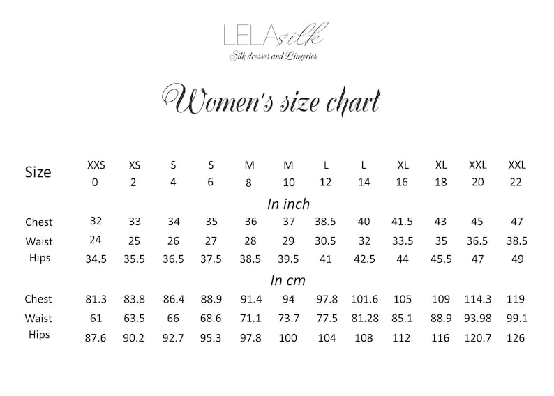 May include: A size chart for women's clothing, showing measurements in inches and centimeters for chest, waist, and hips. The chart includes sizes from XXS to XXL.