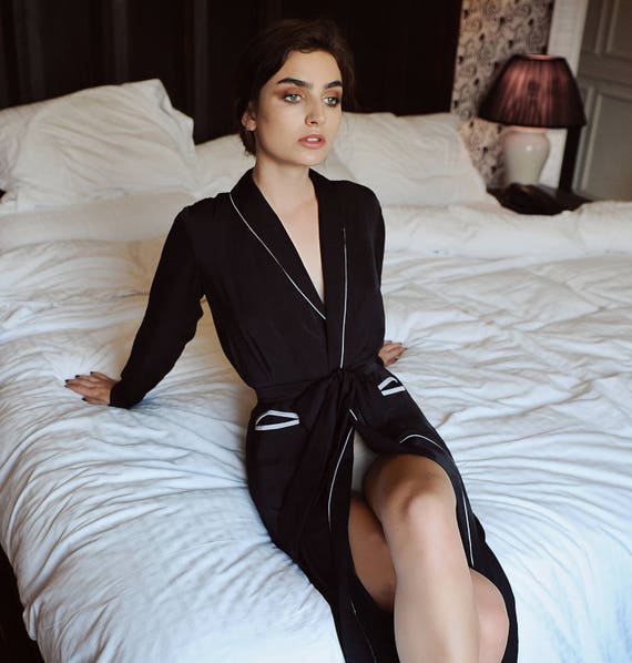 Black and white silk robe sale