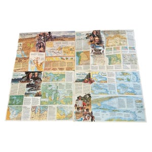 May include: A collection of vintage educational maps, including titles like "The Southwest," "Pacific Northwest," "Great Lakes," and "West Indies." The maps feature illustrations, historical figures, and detailed geographical information, with a focus on the United States and surrounding areas.