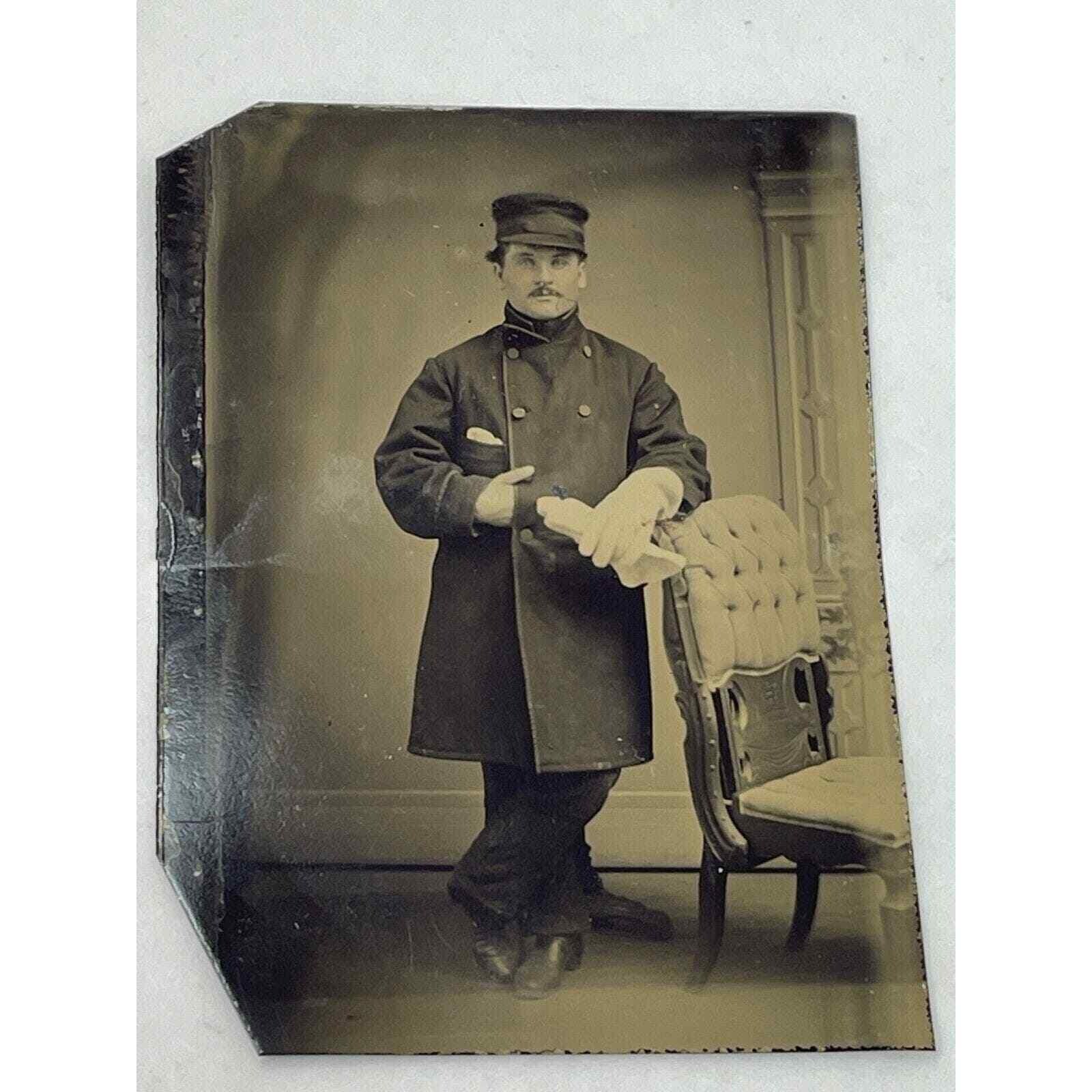 Antique Tintype Man in Uniform Perhaps Fireman with Gloves One Hand Tucked