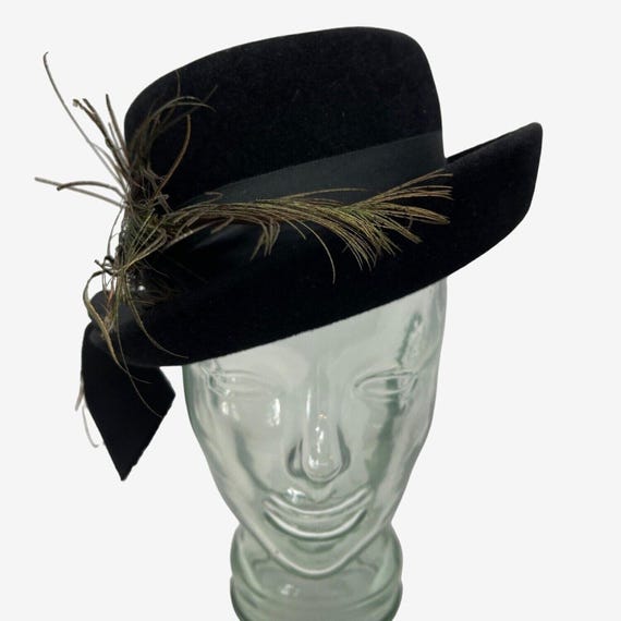 Vintage Peachbloom Velour Black Velvet Hat Vintage Bowl Rimmed Hat, Black Velvet With Trim, Union Made  main image 3