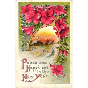 Carte postale paix et bonheur pour la nouvelle année en forme de croix, postée en 1909