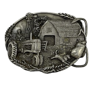 1981 Bergamot Brass Works Farm Scene Belt Buckle Mens Farmer Collectible