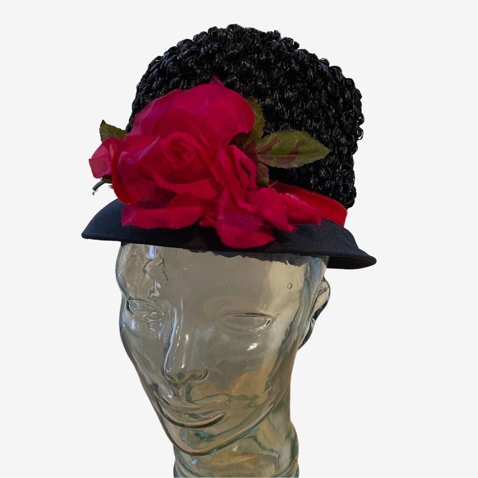 Floral Hat Cloche Black Red Band Woven Raffia Vintage 60s MidMod‎ MCM Vintage Floral Cloche Hat, Vintage Hat, 1950s-1960s Hat  main image 2