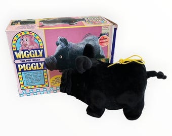 Wiggly The Pot Belly Piggly Black Walking Pig Toy with Box Vintage