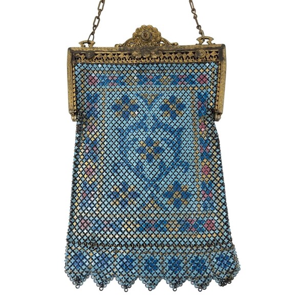 1920s Mandalian Mfg Co Art Deco Painted Mesh Purse Blue Goldtone Filigree Floral