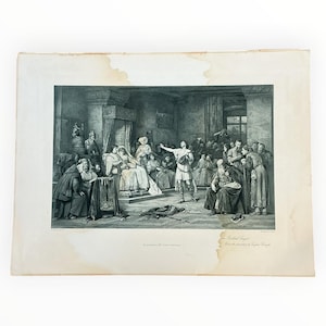 May include: A black and white print depicting a historical scene with numerous figures in a large room. A man in the center gestures, while others observe. The print is titled "The Betrothed Lovers" and is signed.