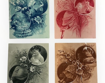 Antique Victorian Edwardian Lady Portrait Art Prints Set of 4 Monochromatic