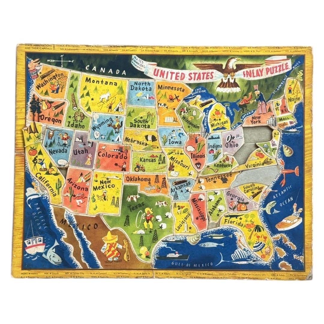 State Map With Inlay Vintage 1950s United States Map Inlay Puzzle by Saalfield USA ...