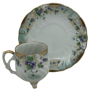 Hand Painted Lefton Teacup with Saucer China 3 Footed Demitasse Violets Vintage