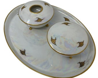 Juego de tocador RS Tillowitz Silesia, receptor de cabello opalescente con patas, bandeja para polvos