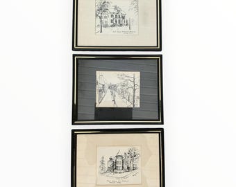 Vintage Shirley Hines Signed Fort Wayne Landmark Pen & Ink Art Framed Set of 3