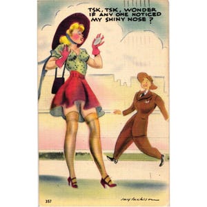 Puede incluir: Ilustración de postal vintage con una mujer con falda roja y un hombre con traje marrón. La mujer se mira en un espejo, con el texto "TSK, TSK, WONDER IF ANY ONE NOTICED MY SHINY NOSE?"