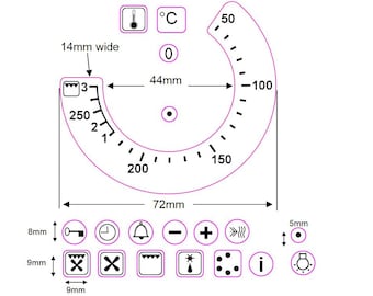 50-250 TEMPERATURE NUMBERS with grill markings + 44mm inner diameter+ 18 Oven Symbol Stickers. Overseas Shipping time could be up to 4 weeks