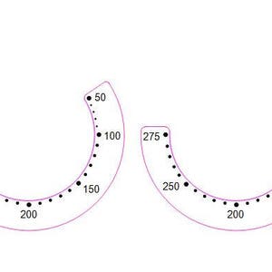 May include: Two semi-circular, pink-outlined shapes with black dots and numbers. The numbers 50, 100, 150, 200, 250, and 275 are visible. The shapes are on a white background.