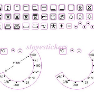 36 symboles du four + 2 autocollants de température du four 50-250 avec 44 mm de diamètre intérieur. VENDEUR ROYAUME-UNI - Le délai de livraison à l'étranger peut aller jusqu'à 4 semaines