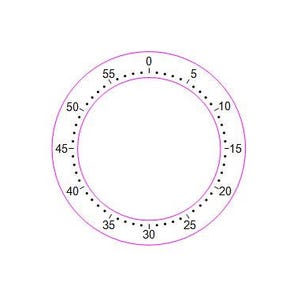 May include: A white circular dial with black markings and numbers from 0 to 55 and -5 to -20. The dial has a pink outline.